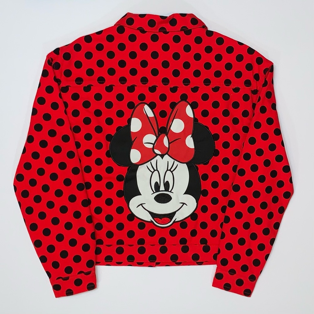 Disney Parks Minnie Mouse Red & Black Polka Dot Denim Trucker Jacket-Size S New